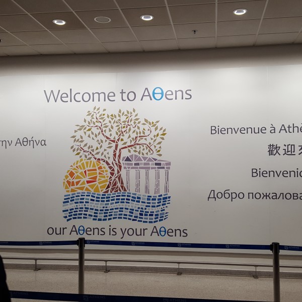Welcome to Athens sign Athens International Airport ATH Greece
