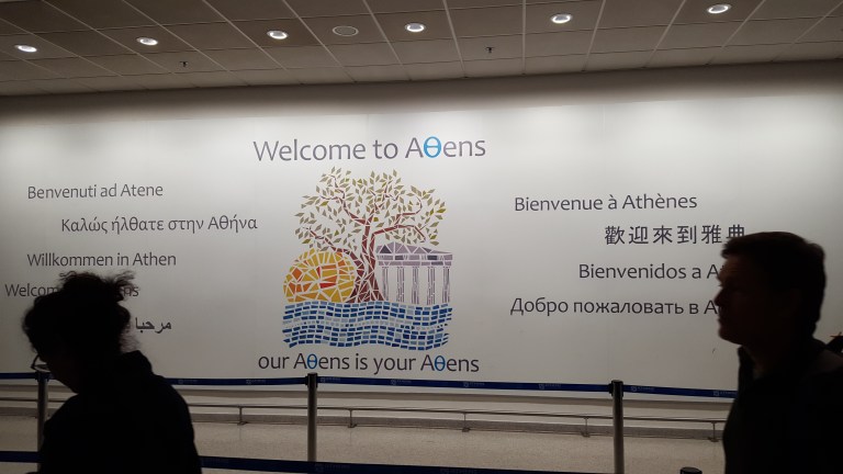 Welcome to Athens sign Athens International Airport ATH Greece